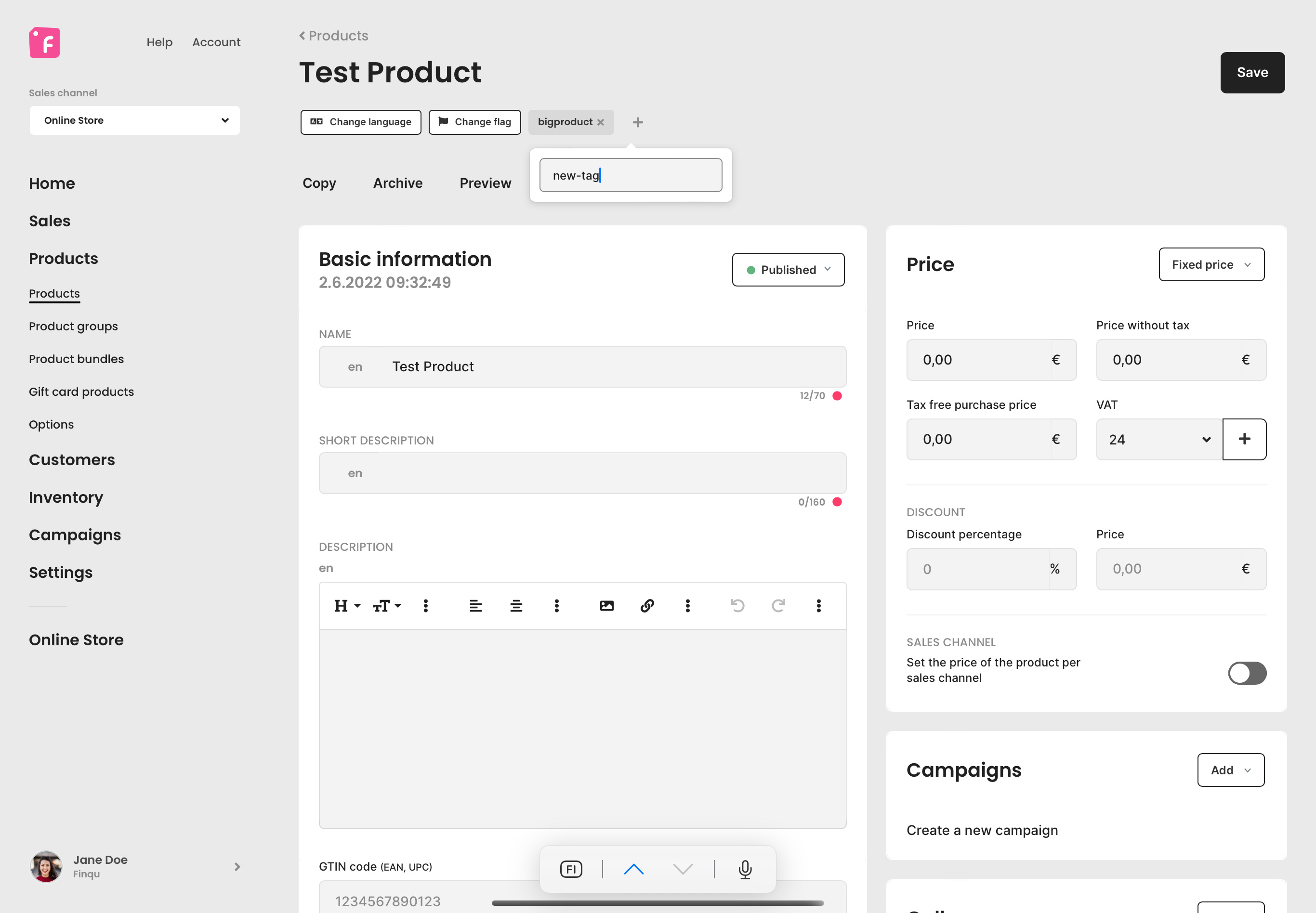 Adding product tags in Finqu